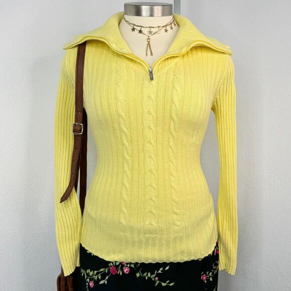 Vintage Y2K Cotton Yellow Ribbed Zip Sweater Size Large - Picture 2 of 6